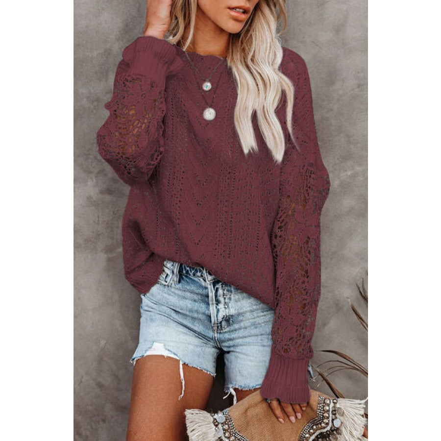 Openwork Lantern Sleeve Dropped Shoulder Sweater Wine / S Clothing