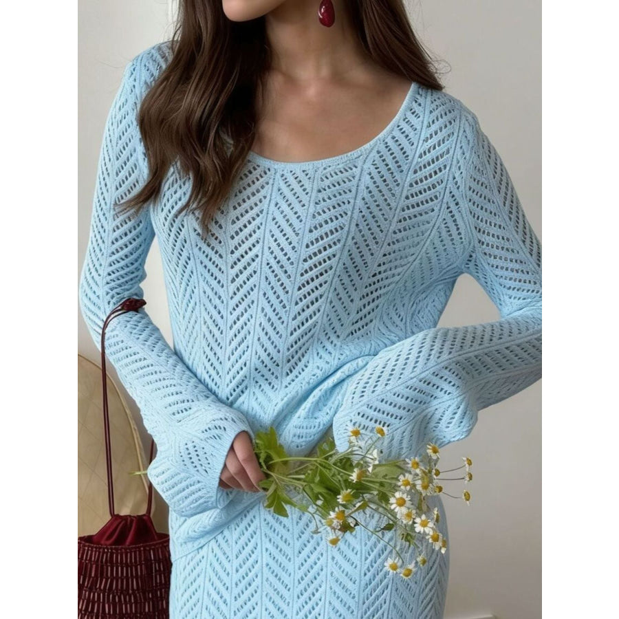 Openwork Long Sleeve Knit Top and Skirt Set Apparel and Accessories