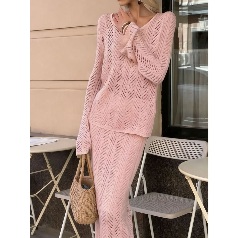 Openwork Long Sleeve Knit Top and Skirt Set Pink / S Apparel and Accessories