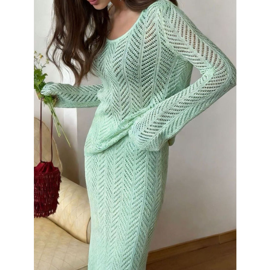 Openwork Long Sleeve Knit Top and Skirt Set Green / S Apparel and Accessories