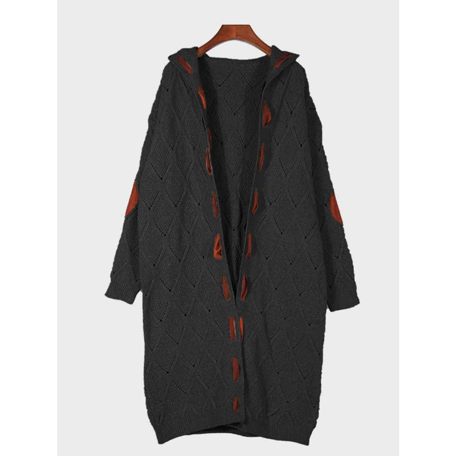 Openwork Long Sleeve Open Front Hooded Cardigan Black / S