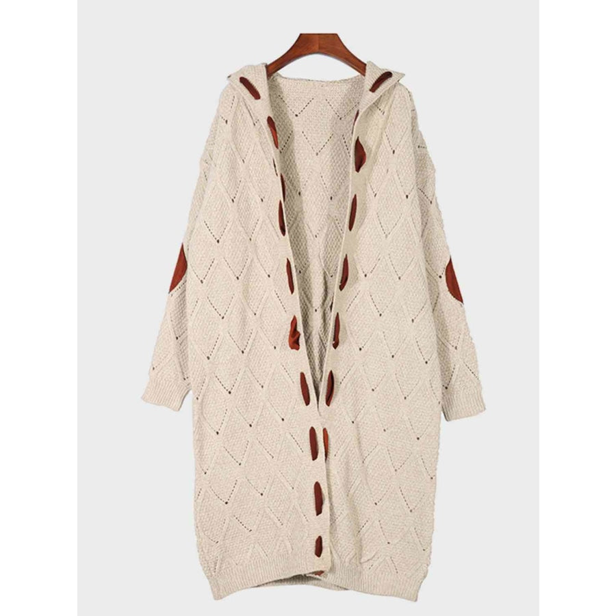 Openwork Long Sleeve Open Front Hooded Cardigan Cream / S