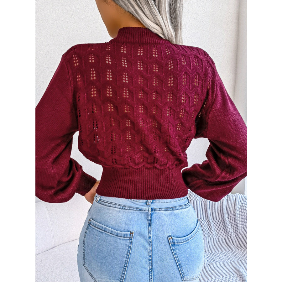 Openwork Mock Neck Long Sleeve Cropped Sweater Apparel and Accessories