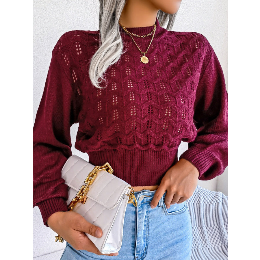 Openwork Mock Neck Long Sleeve Cropped Sweater Apparel and Accessories