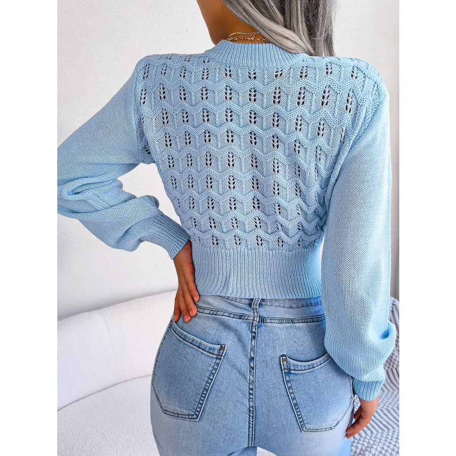 Openwork Mock Neck Long Sleeve Cropped Sweater Apparel and Accessories