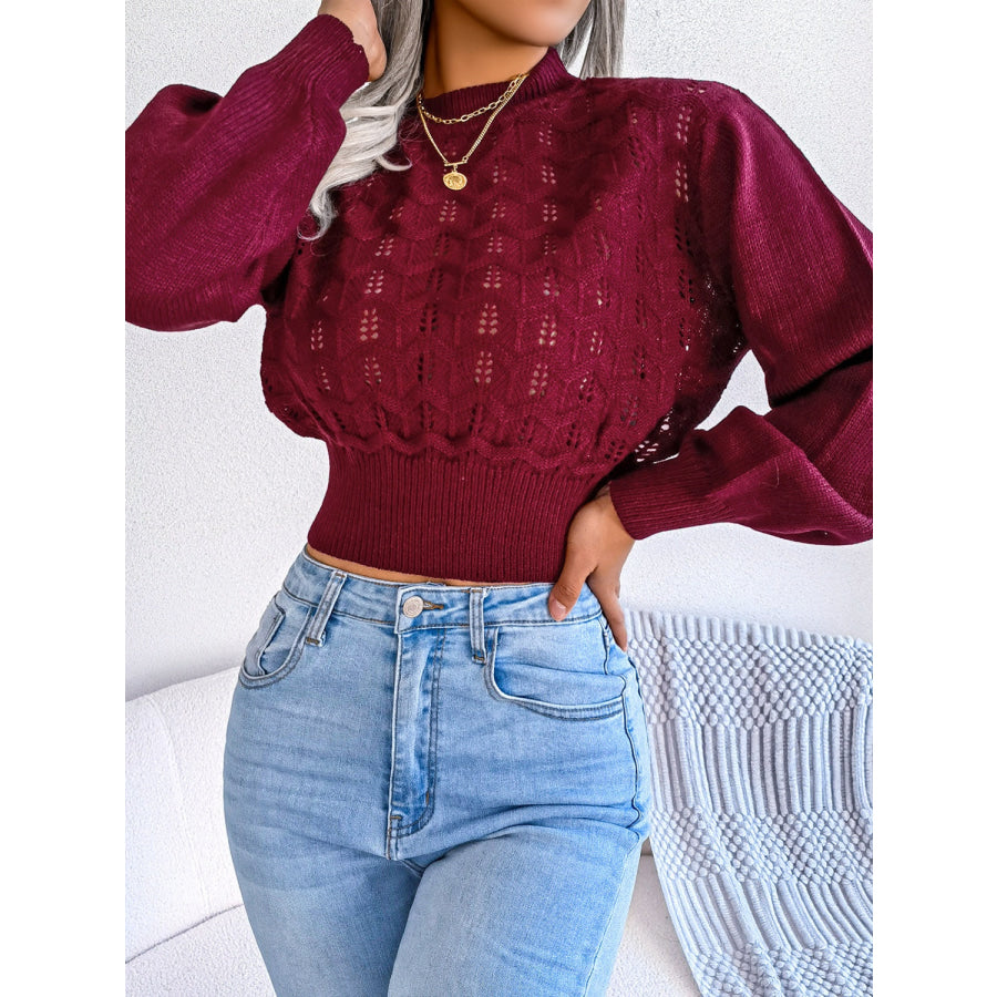 Openwork Mock Neck Long Sleeve Cropped Sweater Apparel and Accessories