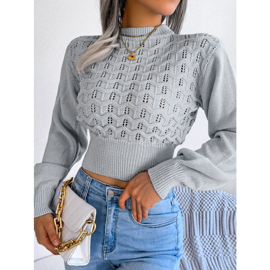 Openwork Mock Neck Long Sleeve Cropped Sweater Apparel and Accessories