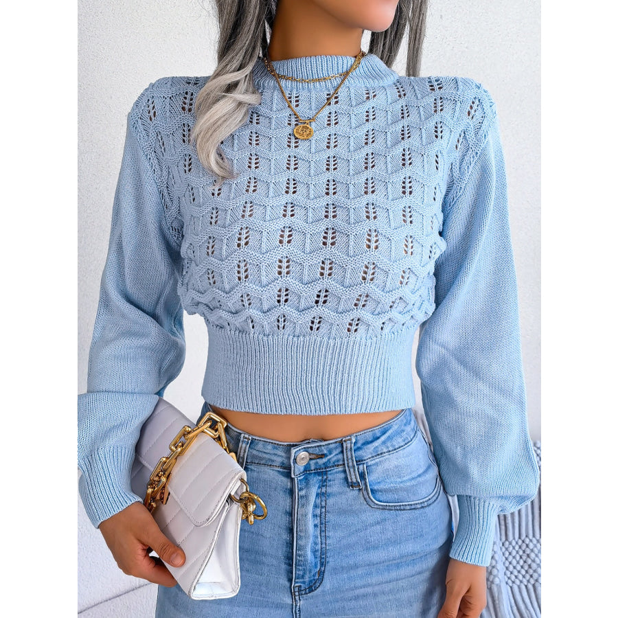 Openwork Mock Neck Long Sleeve Cropped Sweater Apparel and Accessories