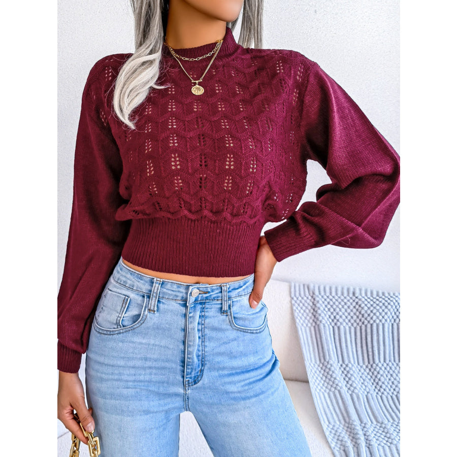 Openwork Mock Neck Long Sleeve Cropped Sweater Apparel and Accessories