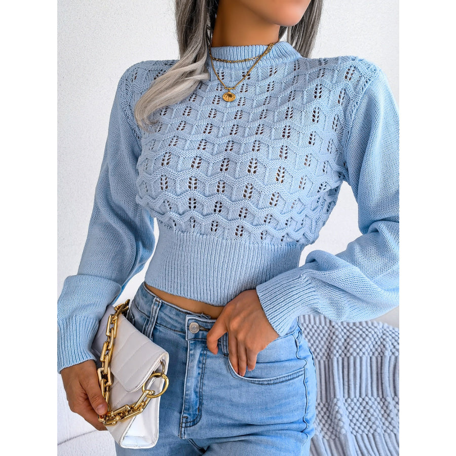 Openwork Mock Neck Long Sleeve Cropped Sweater Apparel and Accessories