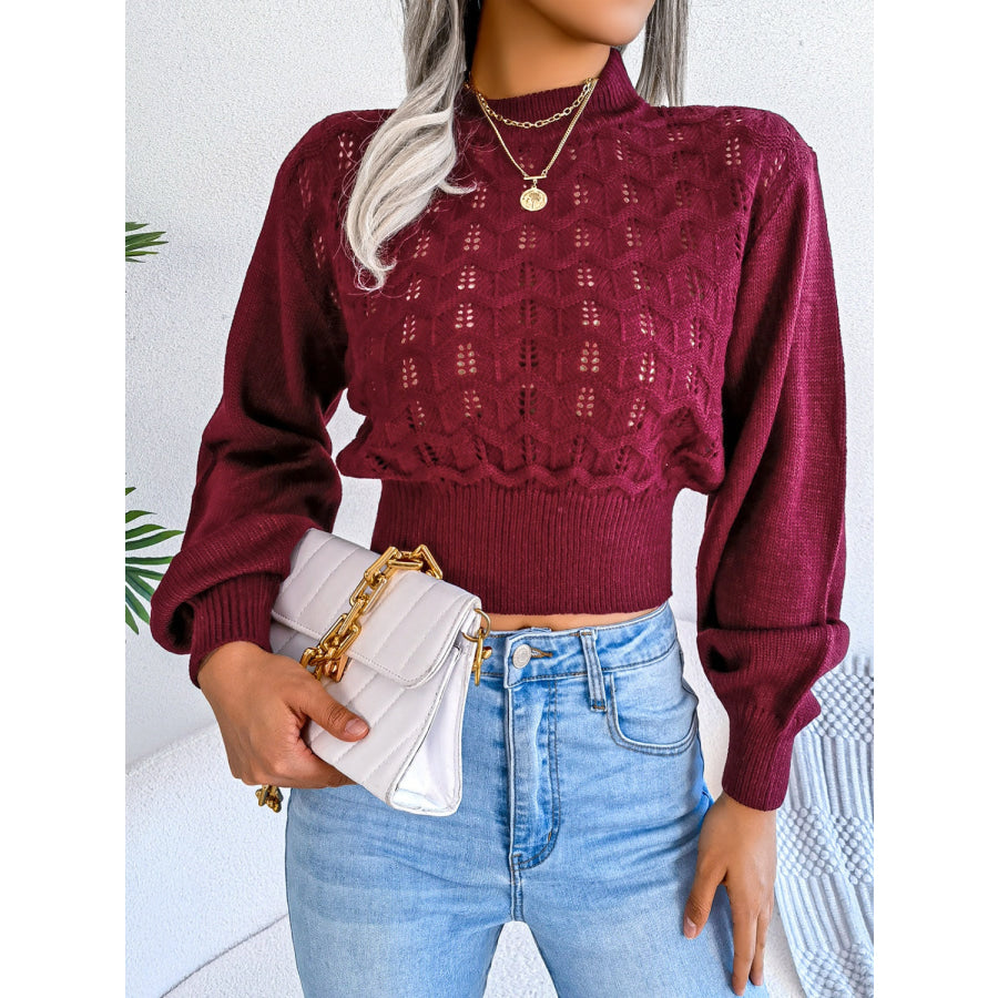 Openwork Mock Neck Long Sleeve Cropped Sweater Burgundy / S Apparel and Accessories