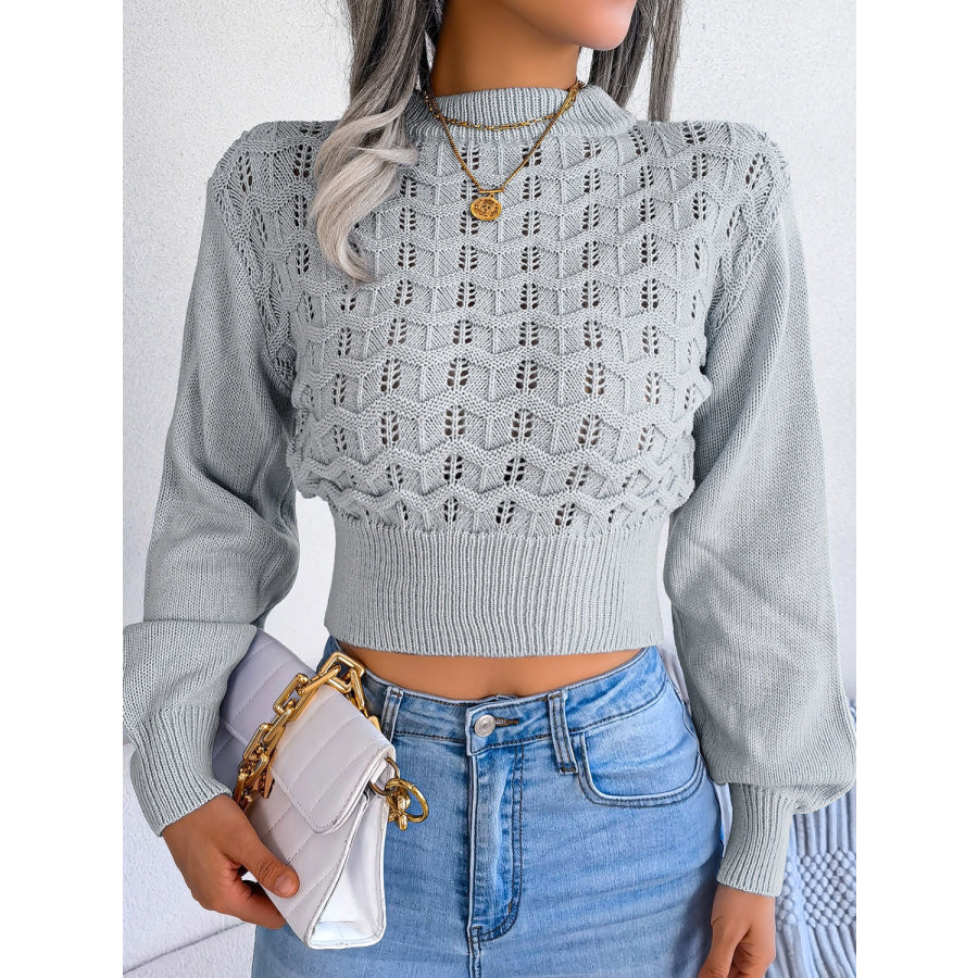 Openwork Mock Neck Long Sleeve Cropped Sweater Light Gray / S Apparel and Accessories