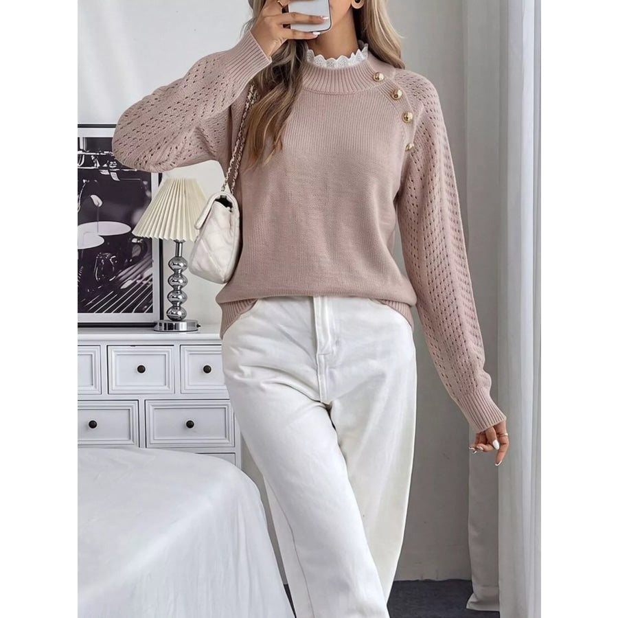Openwork Mock Neck Sweater Apparel and Accessories