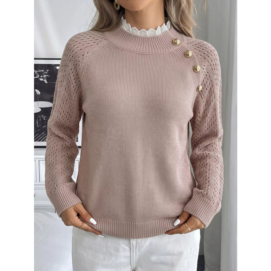 Openwork Mock Neck Sweater Pink / S Apparel and Accessories