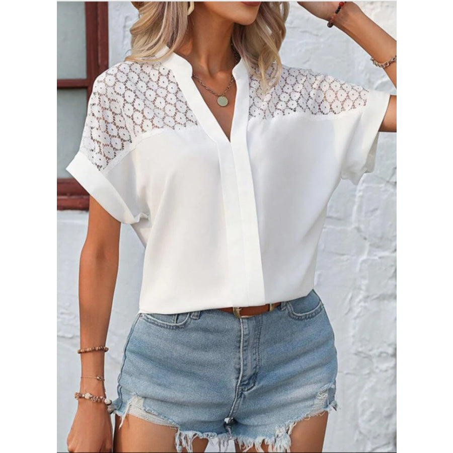 Openwork Notched Short Sleeve Blouse Apparel and Accessories