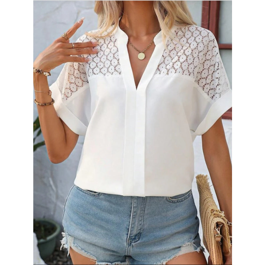 Openwork Notched Short Sleeve Blouse Apparel and Accessories