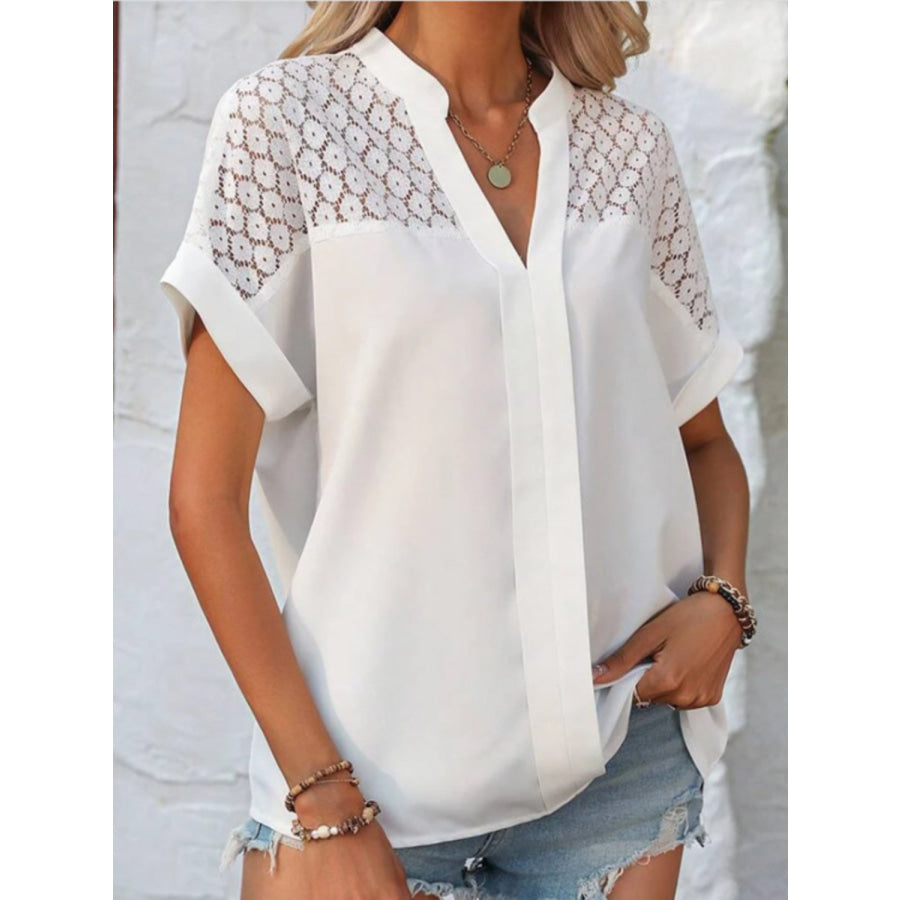 Openwork Notched Short Sleeve Blouse White / S Apparel and Accessories