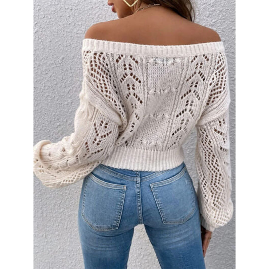Openwork Off - Shoulder Long Sleeve Sweater Cream / S Apparel and Accessories