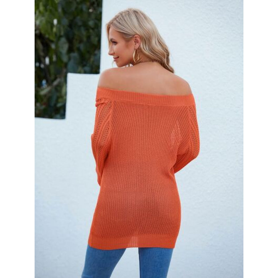 Openwork Off - Shoulder Long Sleeve Sweater Clothing