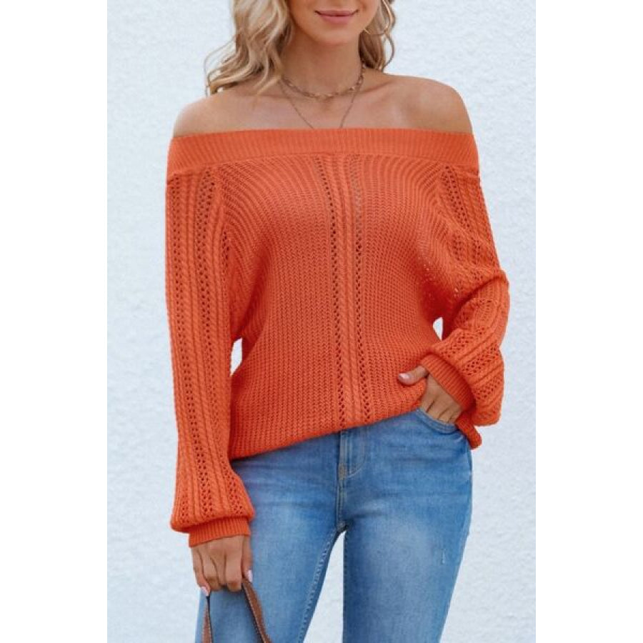 Openwork Off - Shoulder Long Sleeve Sweater Clothing