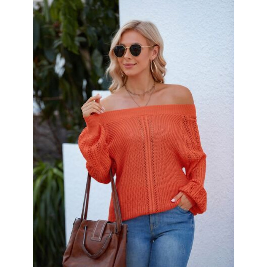 Openwork Off - Shoulder Long Sleeve Sweater Clothing