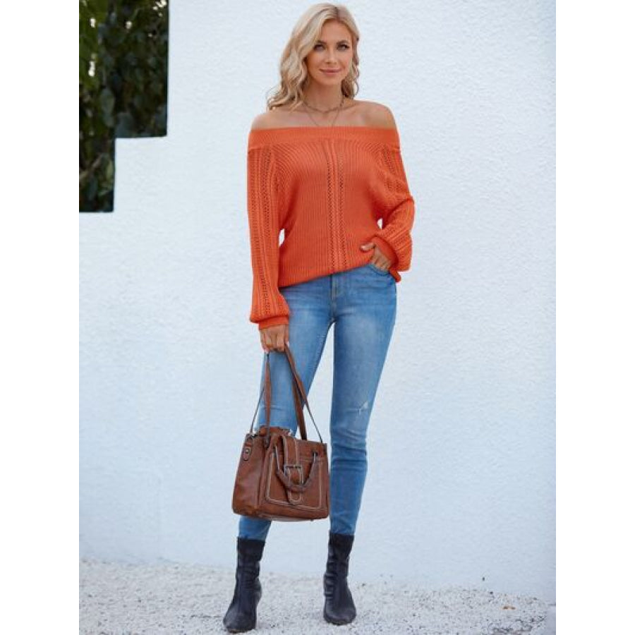 Openwork Off - Shoulder Long Sleeve Sweater Clothing