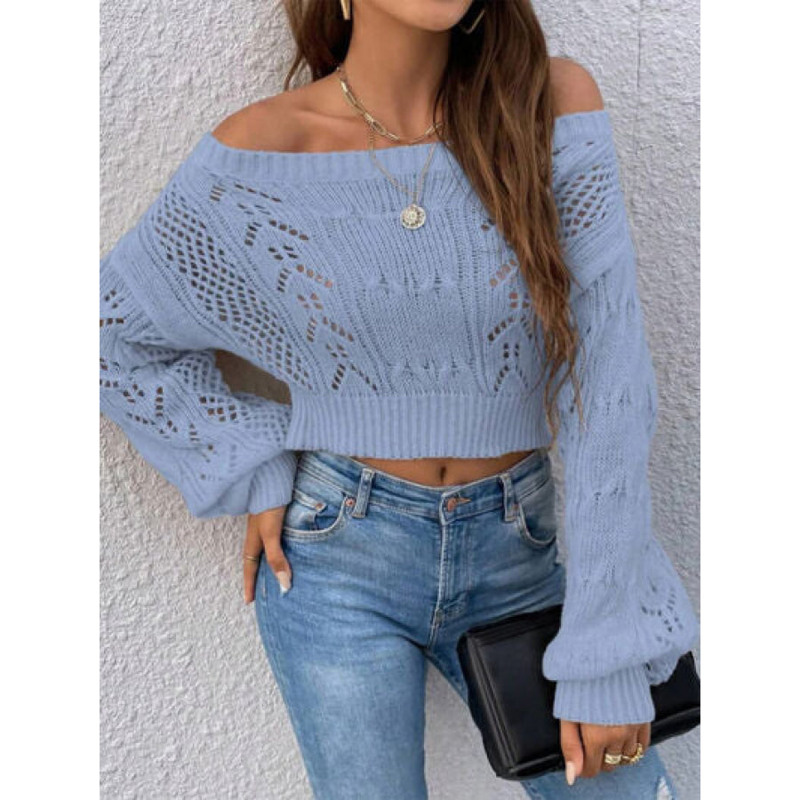Openwork Off - Shoulder Long Sleeve Sweater Dusty Blue / S Apparel and Accessories