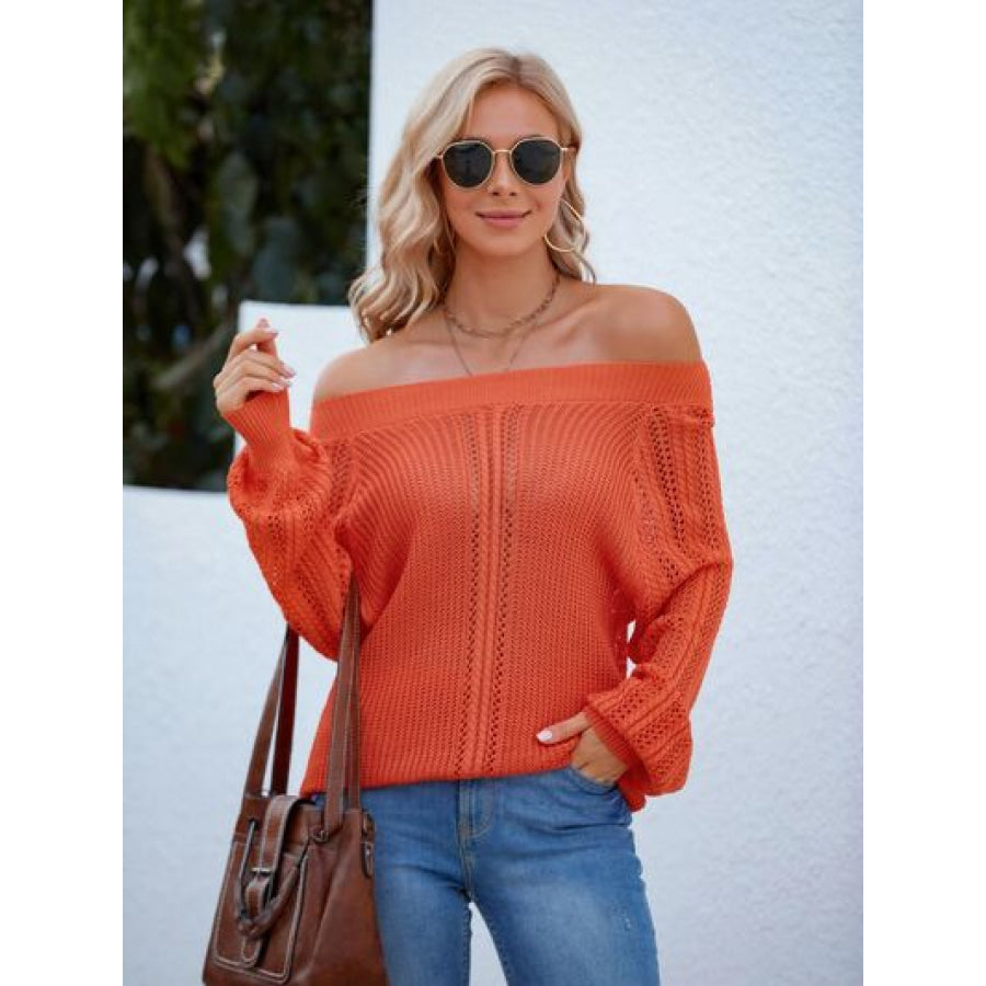 Openwork Off - Shoulder Long Sleeve Sweater Pumpkin / S Clothing