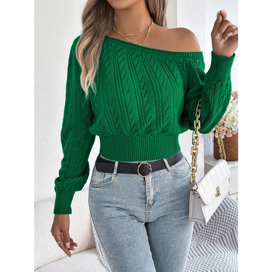 Openwork One Shoulder Sweater Green / S Apparel and Accessories