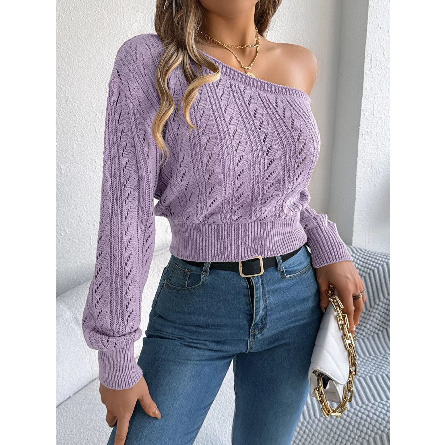 Openwork One Shoulder Sweater Light Purple / S Apparel and Accessories