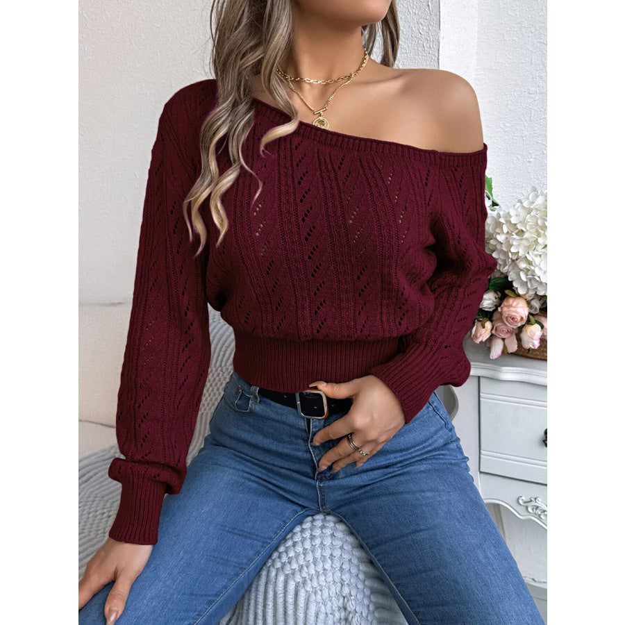 Openwork One Shoulder Sweater Wine Red / S Apparel and Accessories