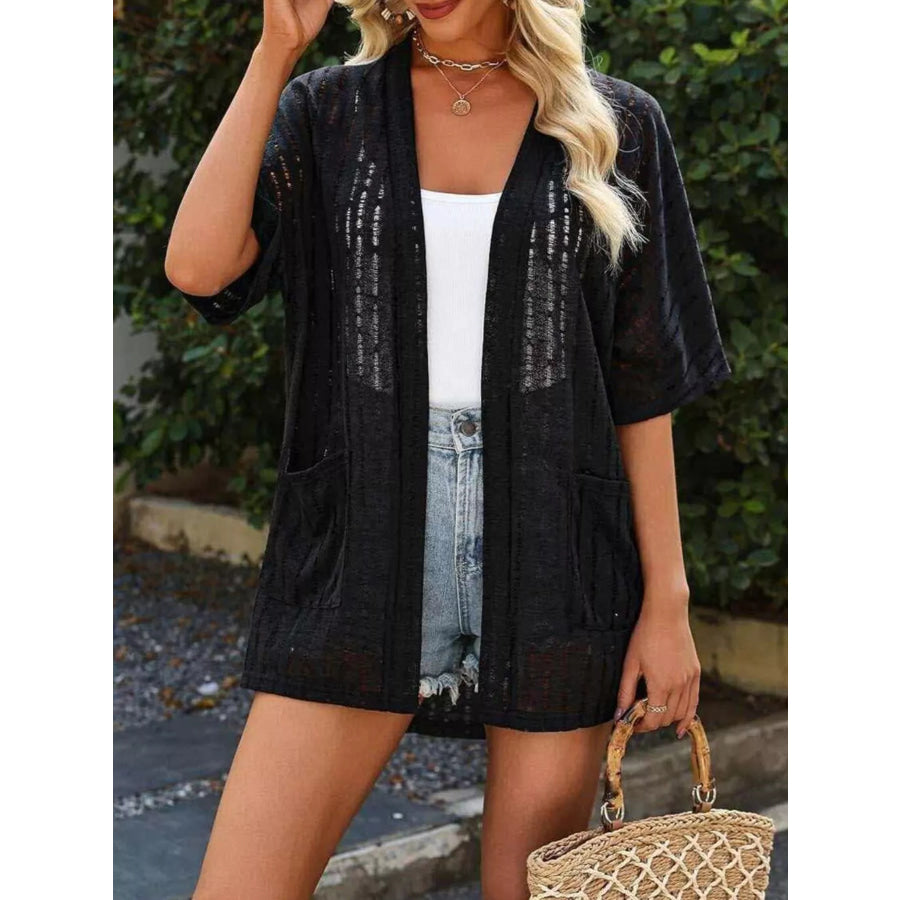 Openwork Open Front Cardigan Black / S Apparel and Accessories