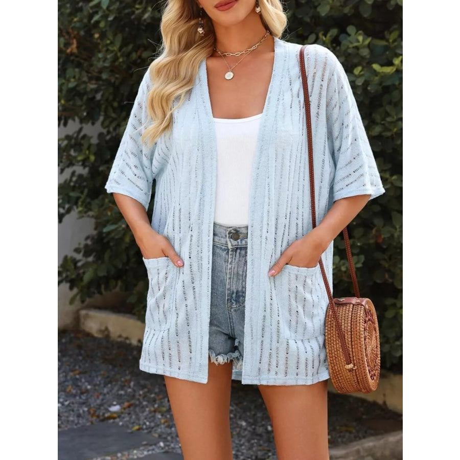 Openwork Open Front Cardigan Light Blue / S Apparel and Accessories
