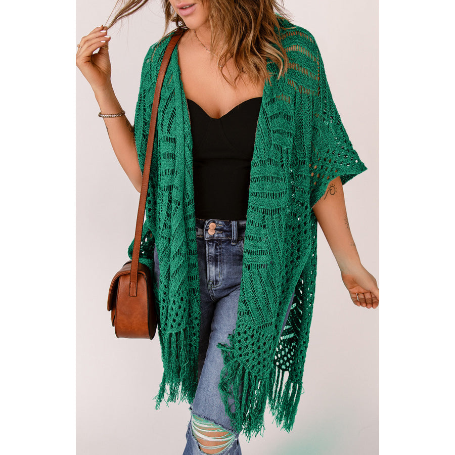 Openwork Open Front Cardigan with Fringes Apparel and Accessories