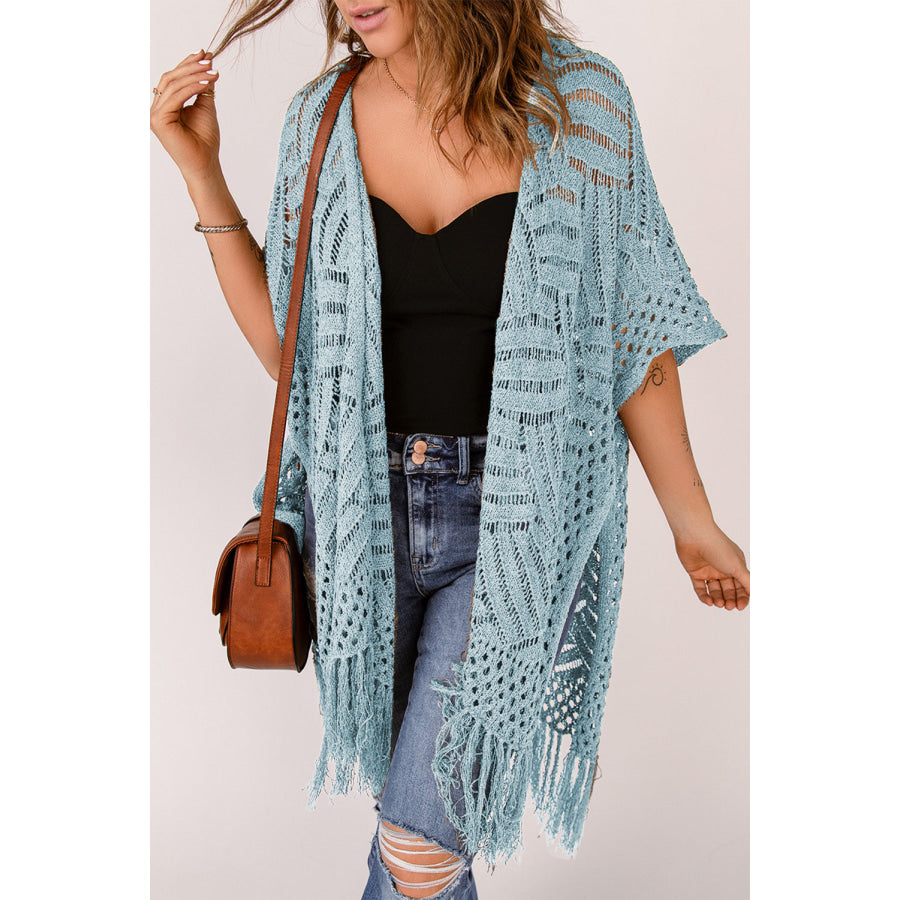 Openwork Open Front Cardigan with Fringes Apparel and Accessories