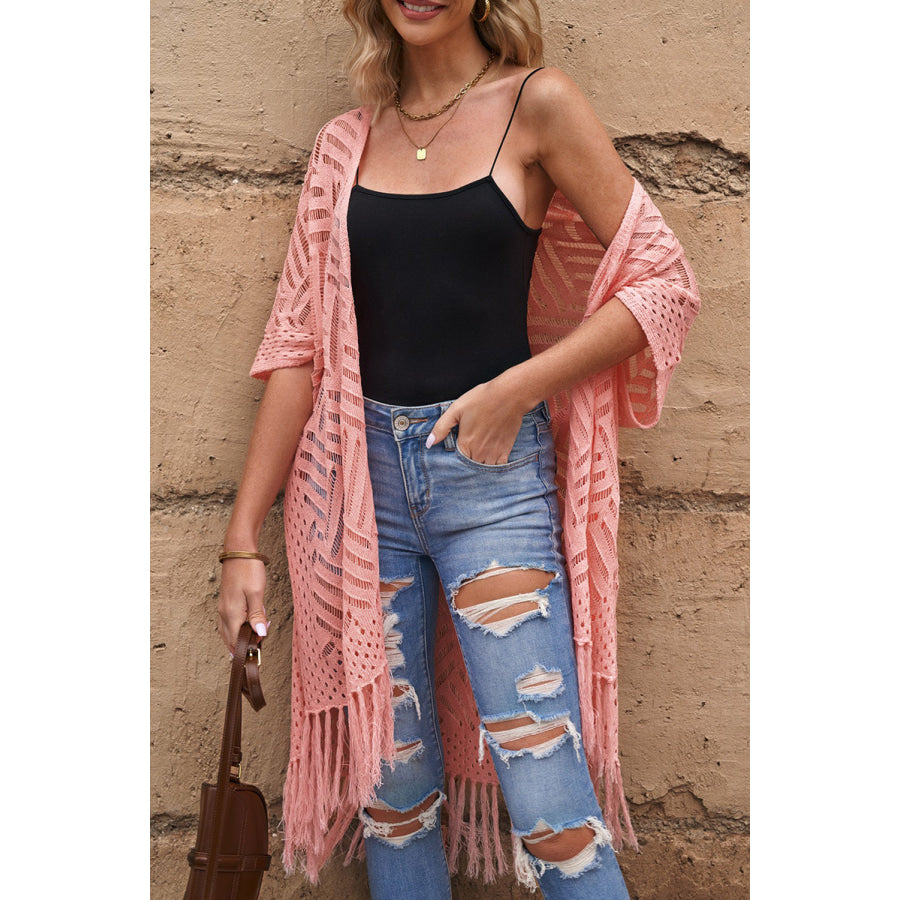 Openwork Open Front Cardigan with Fringes Blush Pink / One Size Apparel and Accessories