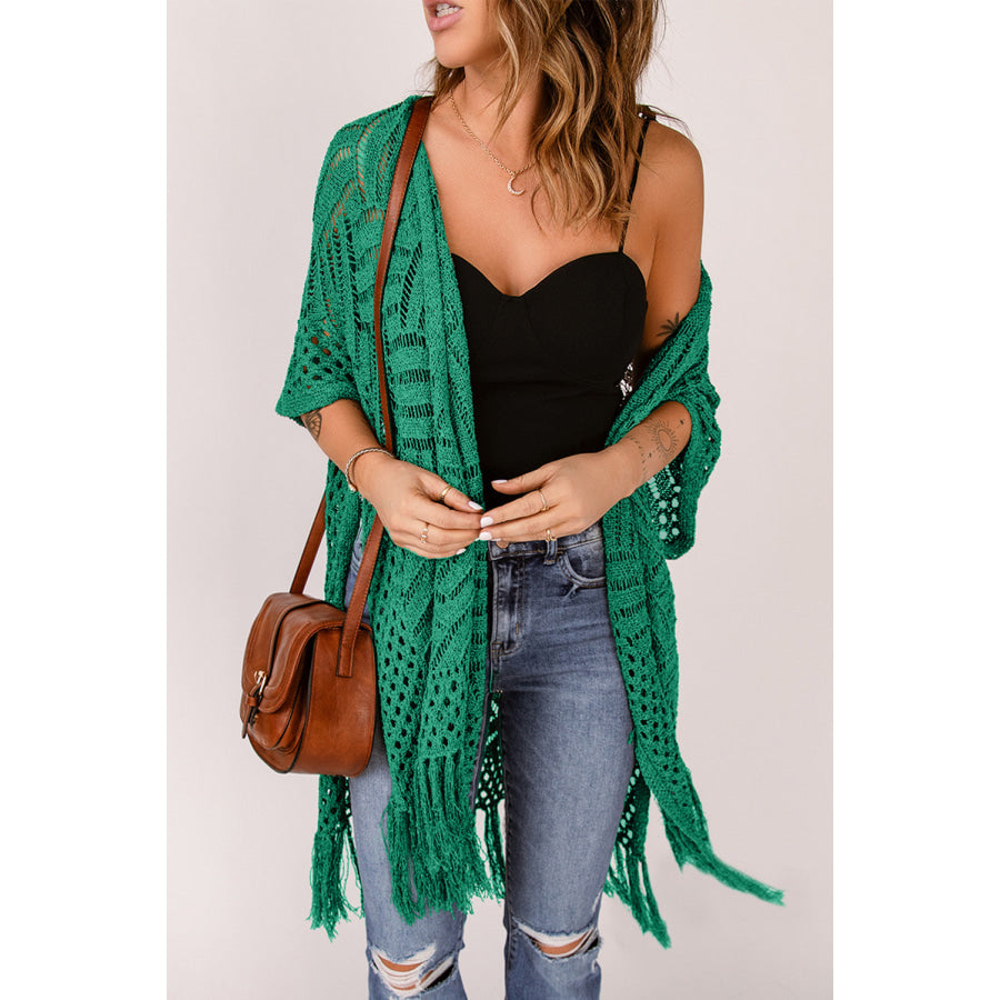 Openwork Open Front Cardigan with Fringes Green / One Size Apparel and Accessories