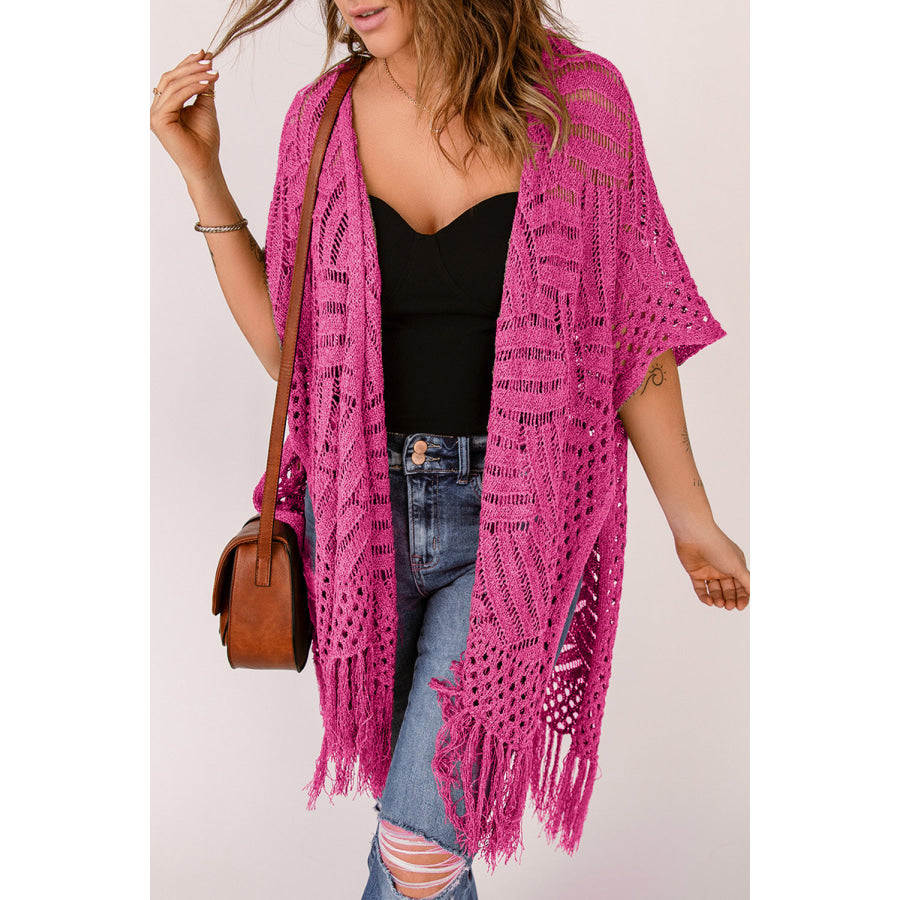 Openwork Open Front Cardigan with Fringes Hot Pink / One Size Apparel and Accessories