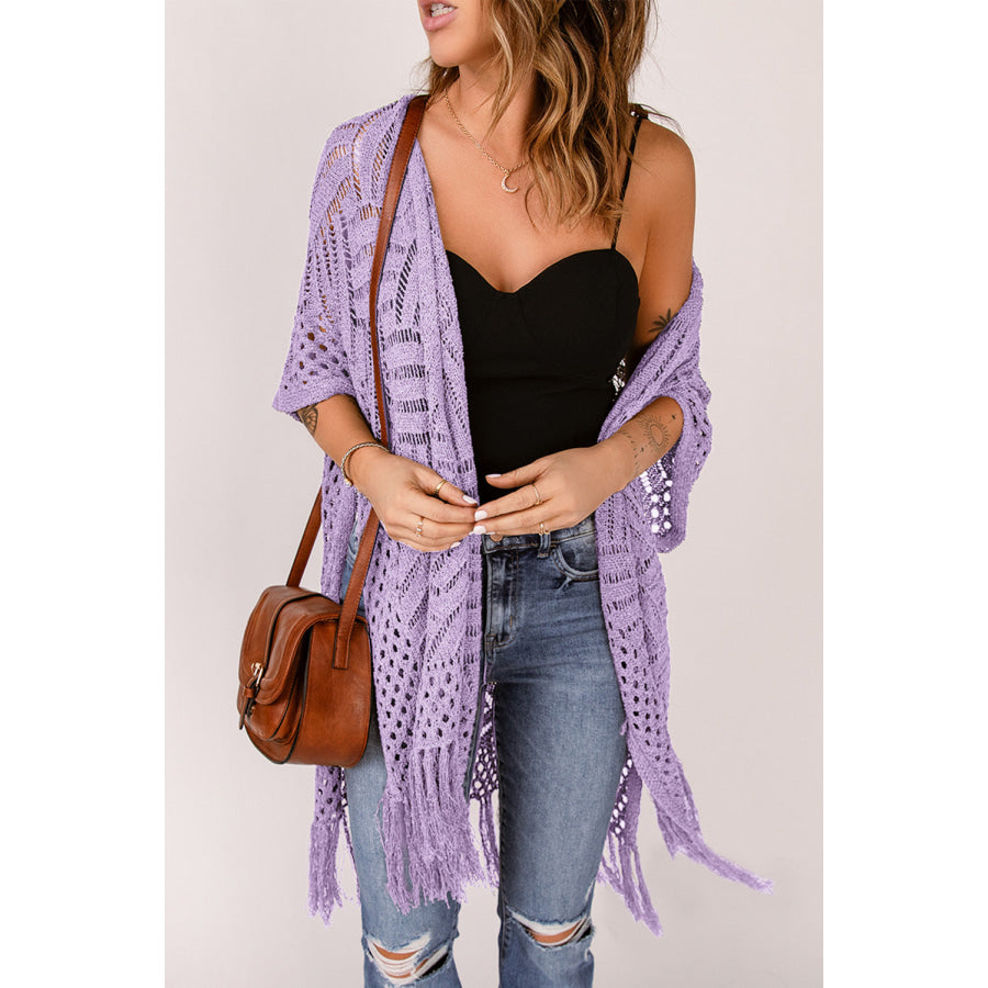 Openwork Open Front Cardigan with Fringes Lavender / One Size Apparel and Accessories