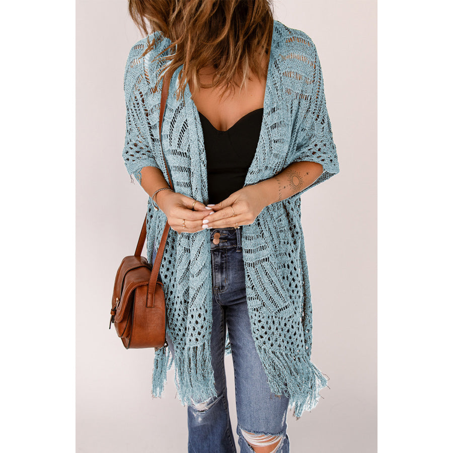 Openwork Open Front Cardigan with Fringes Misty Blue / One Size Apparel and Accessories