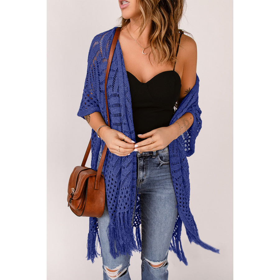 Openwork Open Front Cardigan with Fringes Navy / One Size Apparel and Accessories