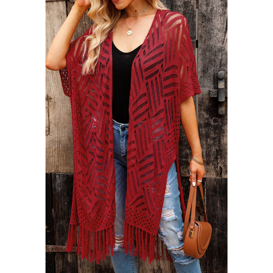 Openwork Open Front Cardigan with Fringes Rust / One Size Apparel and Accessories