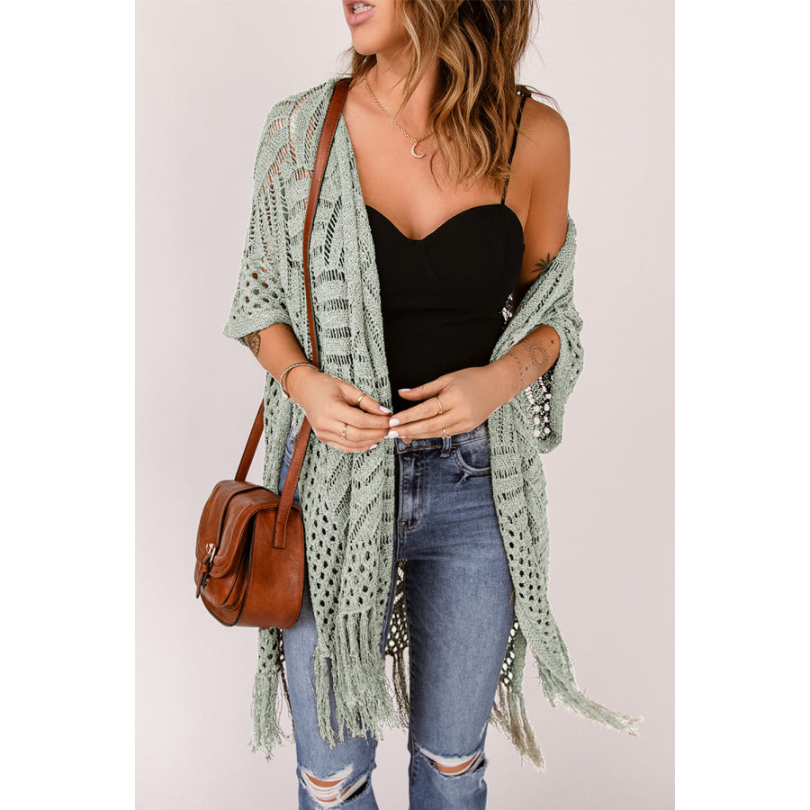 Openwork Open Front Cardigan with Fringes Sage / One Size Apparel and Accessories