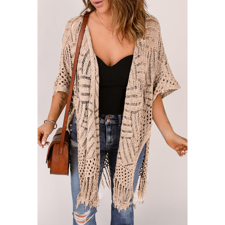 Openwork Open Front Cardigan with Fringes Tan / One Size Apparel and Accessories