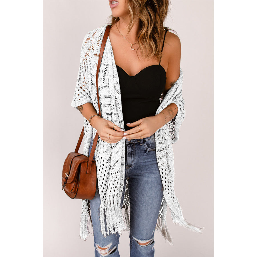 Openwork Open Front Cardigan with Fringes White / One Size Apparel and Accessories