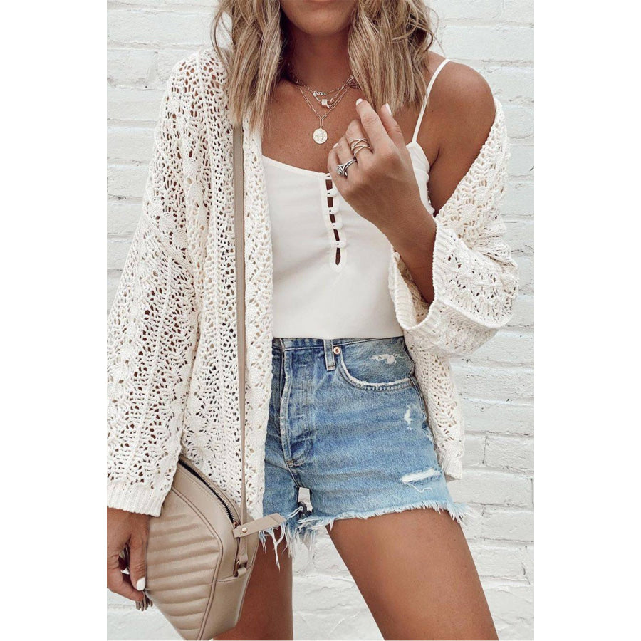 Openwork Open Front Dropped Shoulder Cardigan White / S Apparel and Accessories