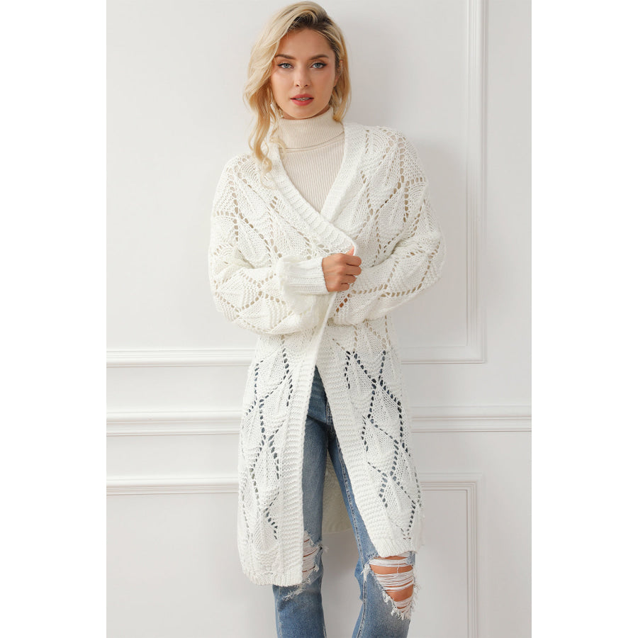 Openwork Open Front Dropped Shoulder Cardigan White / S Apparel and Accessories