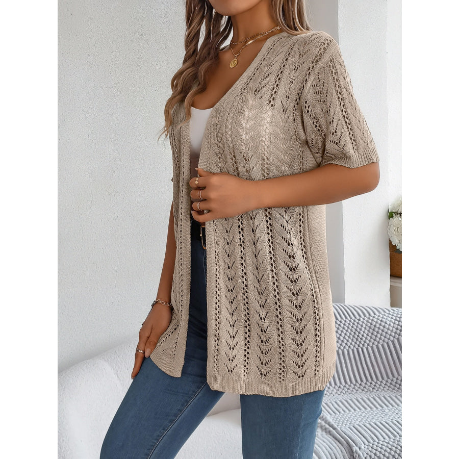 Openwork Open Front Half Sleeve Cardigan Tan / S Apparel and Accessories