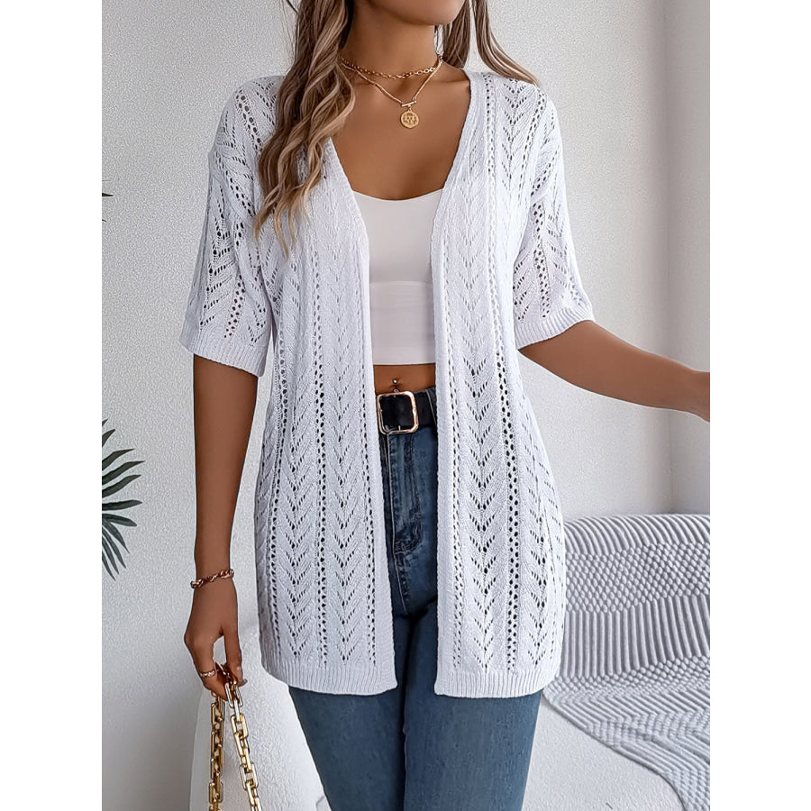 Openwork Open Front Half Sleeve Cardigan White / S Apparel and Accessories