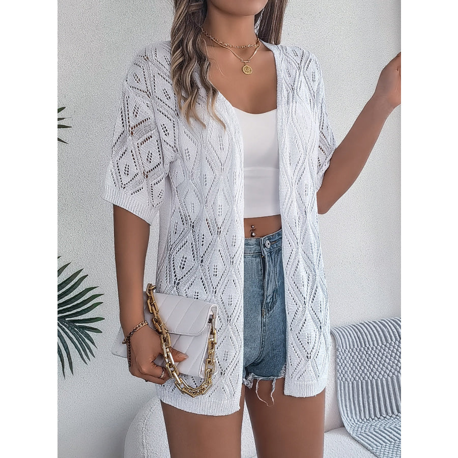 Openwork Open Front Half Sleeve Cardigan White / S Apparel and Accessories